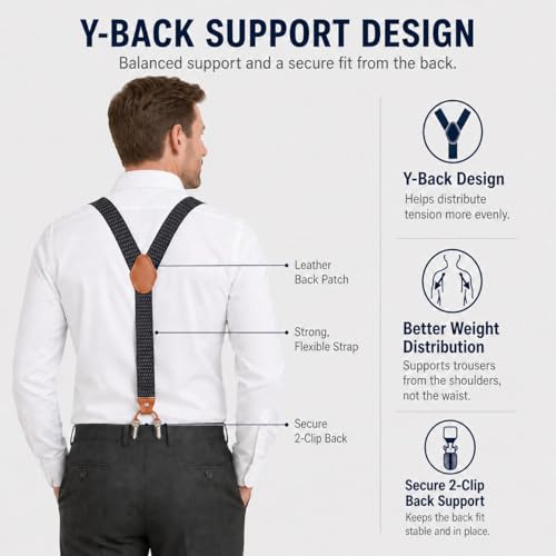 Image of Men's Heavy Duty Y-Back Suspenders, 6 Strong Metal Clips Adjustable Elastic Straps for Work, Tuxedos, and Daily Wear