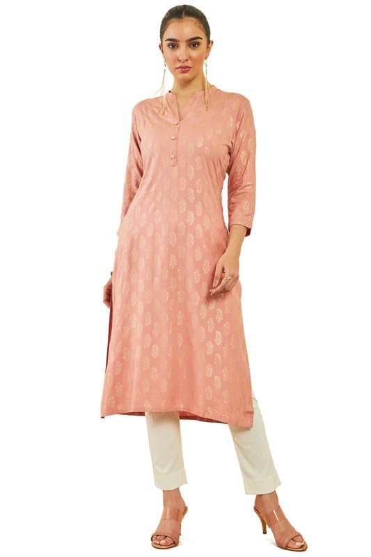 Image of Soch Womens Rayon Paisley Foil Print Straight Kurta with Pocket