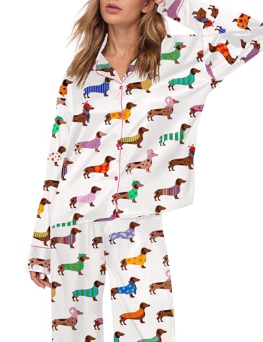 Image of SHESHOW Satin Pajamas Set for Women Set Long Sleeve Button Down Pjs Sets 2 Piece Loungewear Animal Sleepwear XS-XXL