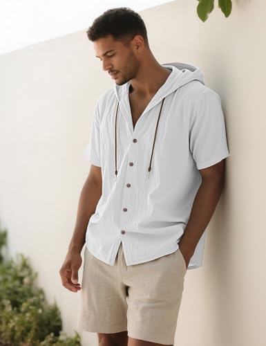 Men's Cotton Linen Shirts Short Sleeve Casual Sweatshirts Button Down Summer Beach Shirts with Hoodies4