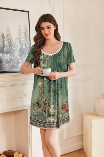 Image of Ekouaer Nightgowns for Women Pleated Sleep Shirts Short Sleeve Night Shirts Lace Trim Night Gown Ladies Sleep Dress