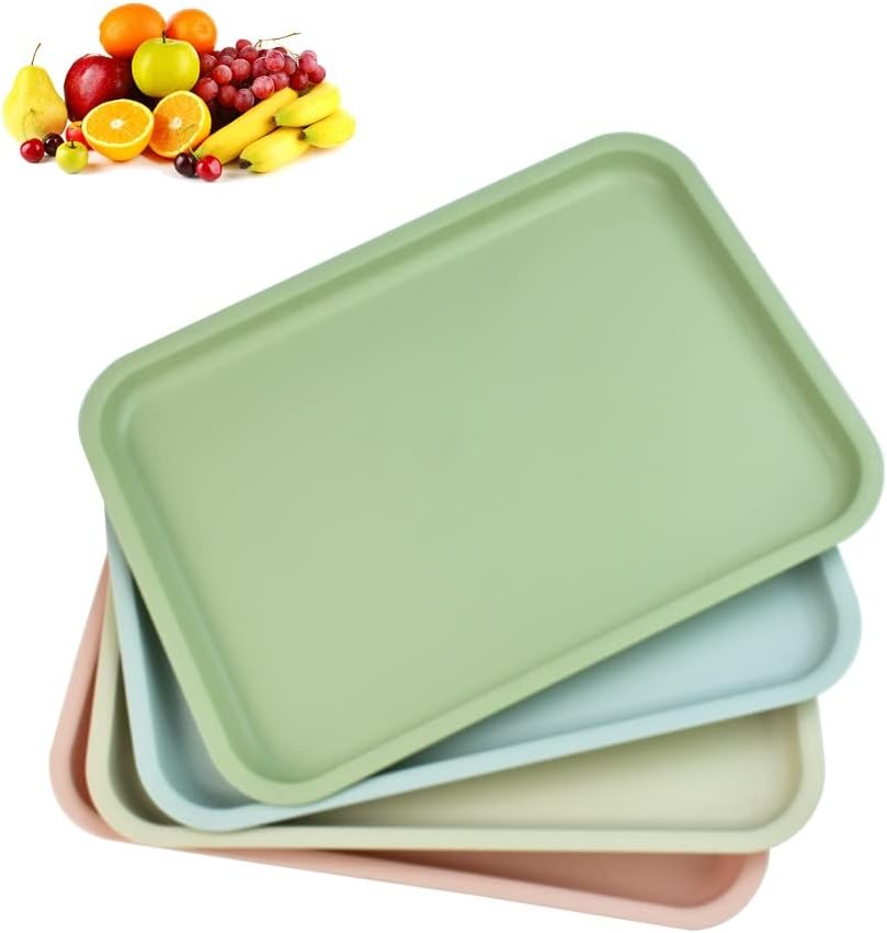 QUCUMER 4 Pcs Large Rectangular Plastic Food Trays - 14.4x10.5inch, Drink & Snack Serving Tray for Tea, Coffee (4 Color)