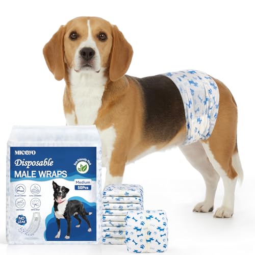 Image of MICOOYO Dog Diapers Male Disposable Super Absorbent Male Dog Wraps Lighter Dogs Diaper Leakproof Puppy Diapers Doggie Diaper with Wetness Indicator (M, 50Counts)