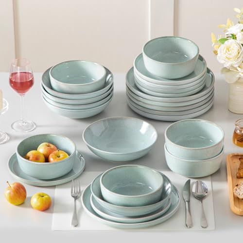 Image of vancasso ANYA 24 Pieces Plates and Bowls Set, Mint Green Dinnerware Sets, Reactive Glaze Dishes Set for 6, Ceramic Dishware Sets Kitchen Dinner Set, Microwave & Dishwasher Safe