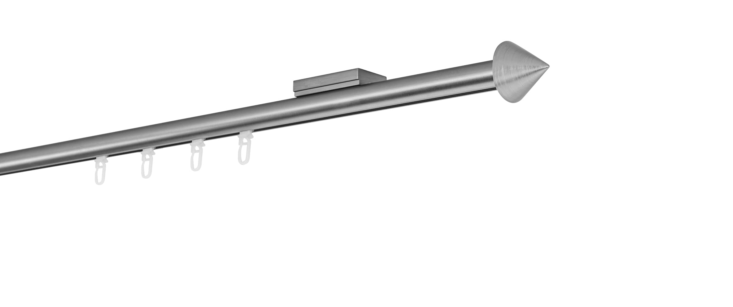 Gardinenstange auf Maß Innenlauf 20mm Spitze 1-lauf Vorhangstange Deckenträger 1,1cm Stilgarnitur mit Gleiter für Vorhänge Edelstahl-Optik 220cm