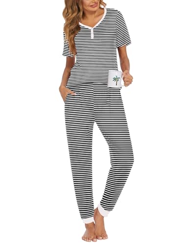 Image of Ekouaer Pajamas for Women Set 2 Piece Fall Lounge Sets Short Sleeve Pjs Joggers Long Pants Sleepwear with Pockets