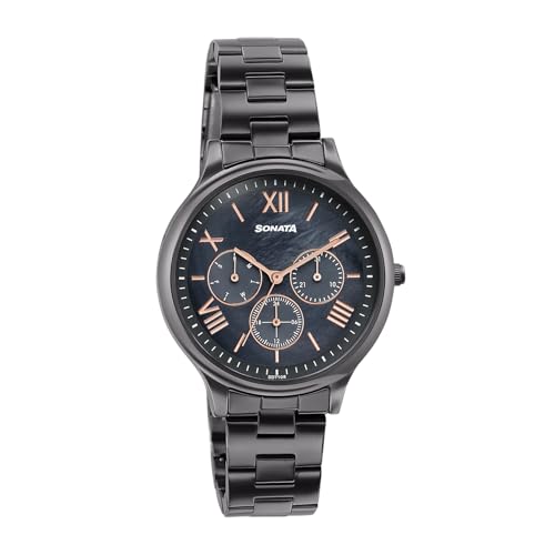 Image of Sonata Axis with Quartz Analog Black MOP Premium Multifunction Design Dial IP Gun Strap Watch for Women - 87119QM01