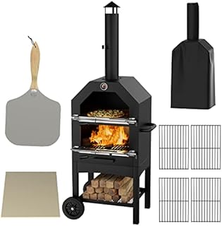 Amopatio Outdoor Pizza Oven, Wood Fired Pizza Oven for Outside, Everything Bundle - Built-In Thermometer, 12