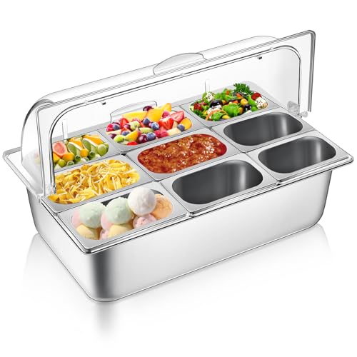 Image of Ziliny Countertop Food Serving Display Container and Clear Roll Top Cover Stainless Steel Food Serving Tray Buffet Condiment Dispenser Display Rack for Restaurant Hotel Kitchen Party (9 Pan)