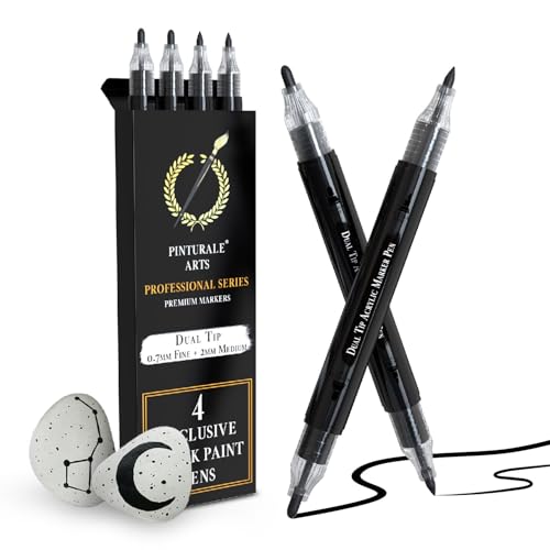 Pinturale Arts Feutre Acrylique Noir | Lot de 4 Feutres Noirs | Marqueur Acrylique Noir à Double Pointe (Fine 0,7mm et 3mm) | Pour Bois, Verre, Pneu, Pierre