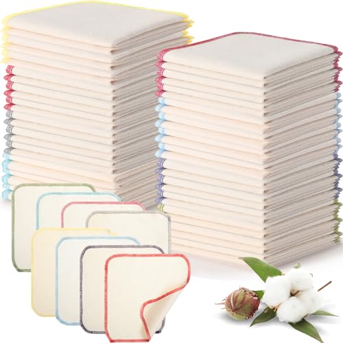 Image of Mixweer 48 Pcs Flannel Cloth Baby Wipes Reusable Baby Diapers Wipes Washable Natural Unbleached Face Wipes Soft and Sturdy Cloth Wipes 8 Colors Outer Stitching 8 x 8 Inches