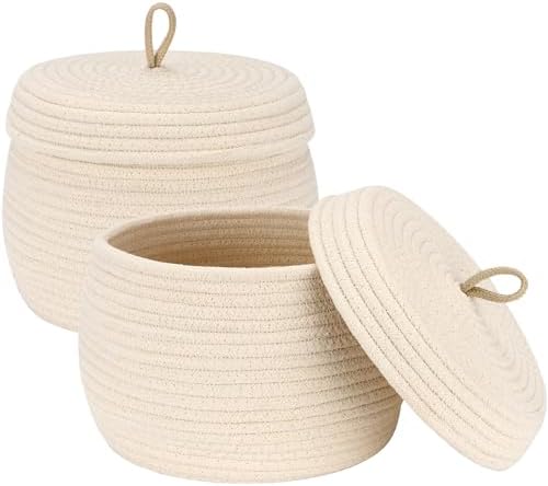 Sea Team Round Cotton Rope Storage Basket with Lid, Decorative Wo...
