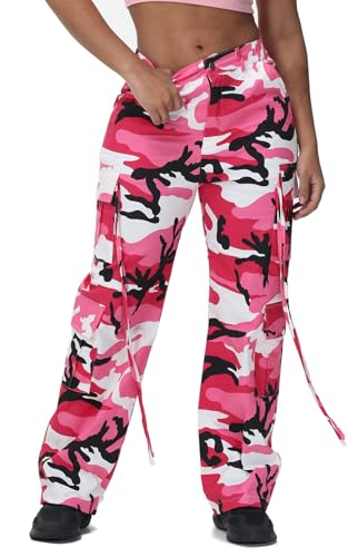 Women Y2k High Waisted Straight Leg Relaxed Fit Camo Cargo Tactical Boyfriend Pants with 6 Pockets Streetwear Rock Concert Hippie Hip Hop Dance Edc Rave Outfits Military Clothes,Pink Camo,X-Large