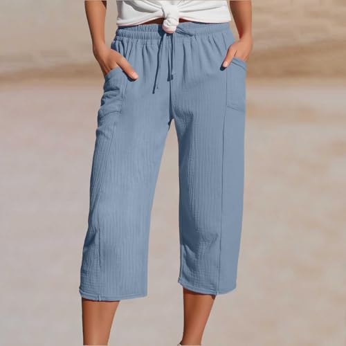 Womens Linen Trousers Elasticated Waist for Summer Cropped Trousers Wide Leg Lightweight Casual Loose Holiday Beach Pants - Image 2