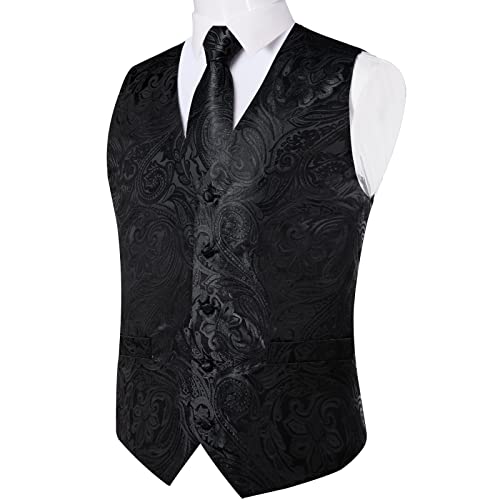 DiBanGu Mens Paisley Vest Tie Set with Lapel Pin Tie Clip 7PCS Silk V-Neck Suit Waistcoat and Necktie for Tuxedo Wedding, Black, Small4