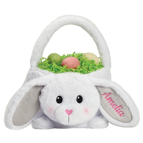 Personalized Plush Easter Bunny Basket with Custom Name Embroidered in Teal Thread | Soft White Fur Easter Bag with Bunny Ears and Handle | Customized Easter Basket (Pink Thread)