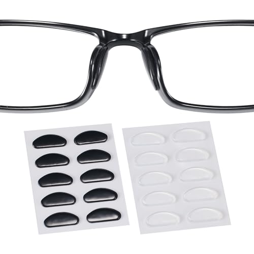 Eyeglass Nose Pads, 1.3mm Ultra-Thin Design, Anti Slip Nose Pads for Glasses with Super Sticky Backing, Soft Silicone Nose Pad for Glasses, Sunglasses and Eye Wear (10 Black/Clear Pairs)