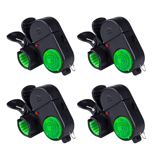 Juego de alarma de mordida de pesca, 4 piezas de alarma de caña de pescar con cabezal giratorio, sonido de 80 Db, indicador LED, incluye almohadillas antideslizantes y antidesprendimiento