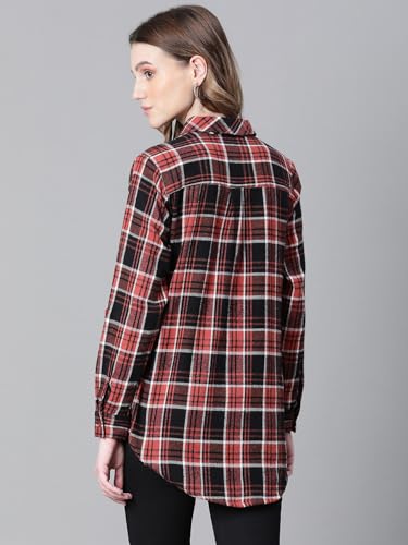 Image of oxolloxo Women Check Print Collared Long Sleeve Cotton Shirt