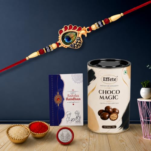 Image of Oblivion Rakhi for Brother - Designer Peacock Design with Choco Magic Chocolate 96gm, Pooja Coin, Roli Chawal & Card | Rakhi with Chocolate Combo for Raksha Bandhan