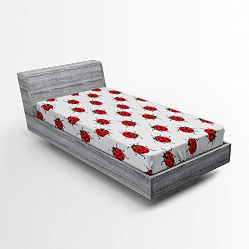 Ambesonne Cartoon Fitted Sheet, Repetitive Ladybugs Pattern Of Dotted Marked Animal Theme Funny Cartoonish Print, Soft Decorative Fabric Bedding All-Round Elastic Pocket, Twin Size, White Red #TOP13