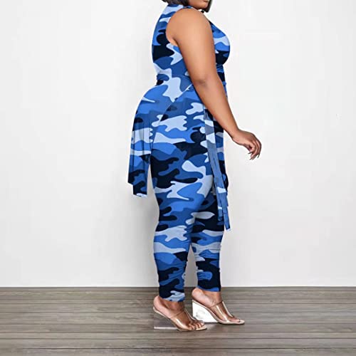 Plus Size Two Piece Outfits For Women - Casual Camouflage Print Sleeveless Tank Tunic Tops And Skinny Long Pants Tracksuit Set Blue 2Xl #TOP3