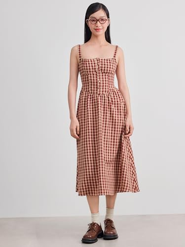 CIDER Maxi Dress for Women Gingham Cotton Blend Square Neck Casual Lined Summer Vacation Dress Middle Waist4