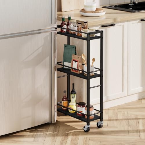 MAHANCRIS Slim Rolling Cart, Mobile Kitchen Cart on Wheels, Narrow Storage Cart for Small Space, Small Bar Cart, for Bathroom, Laundry, Living Room, Black RCHB1501