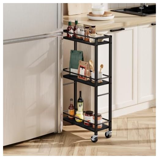 MAHANCRIS 3-Tier Slim Rolling Cart, Mobile Utility Cart on Wheels, Narrow Shelving Unit for Small Space, Wooden Kitchen Storage Rack, for Bathroom, Laundry, Living Room, Black RCHB1501
