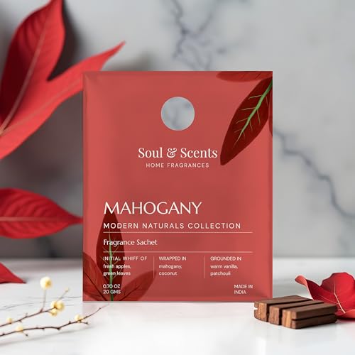 Image of Soul & Scents Mahogany Fragrance Sachet | A Rich & Warm Scent of Woods | Long-Lasting Air Freshener for Car, Wardrobe, Kitchen, and Travel Bag | Pack of 3-20gm Each