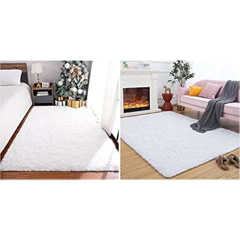 Maxsoft 2 PCS Fuzzy Rugs, 5 x 8 Feet and 4 x 5.9 Feet White Fluffy Rugs for Living Room, Bedroom, Shag Area Rugs for Girls, Kids Cover