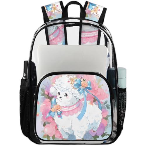 Cute Watercolour Sheep Flower Clear Backpack Stadium Approved PVC Backpacks for Adults Heavy Duty Clear Bag for Work Security Travel College