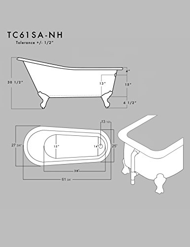 61" Clawfoot Acrylic Slipper Tub With No Faucet Holes & Brushed Nickel Feet-"Maries" #TOP1
