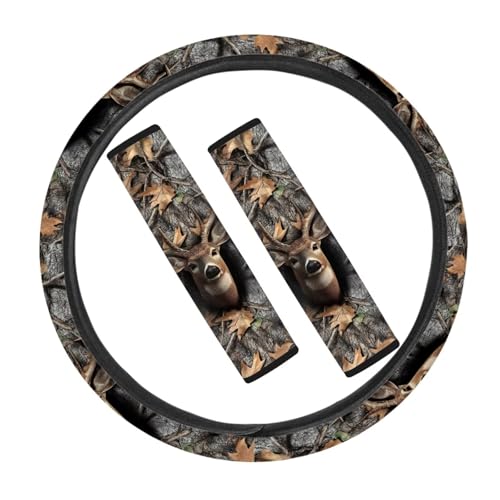 JOAIFO Camo Steering Wheel Cover, Deer Seat Belt Pads Cover, Universal Car Accessories Safety Belt Pad and Steering Wheel Cover Combo Set for Most Vehicle SUV Truck, Pack of 3