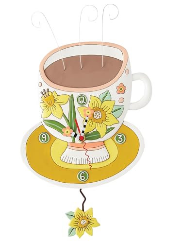 Enesco Allen Designs Flower Coffee Cup of Joy Wall Clock - Battery Operated Pendulum Analog Clock, Stone Resin Decorative Clocks for Walls Home Decor Kitchen Clocks, 13 Inch