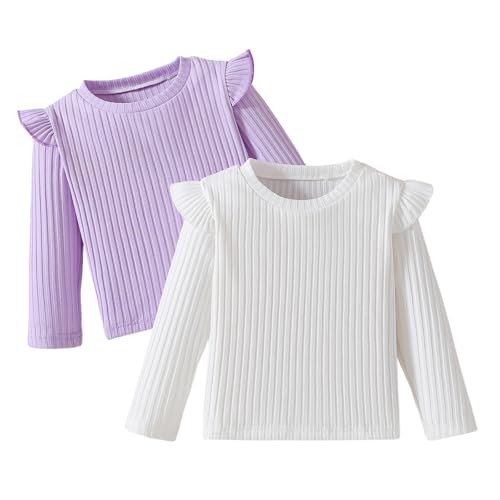 OXUBOAO Girls Long Sleeve Shirt 2 Pack for Toddler Flutter Ruffle Sleeve Ribbed Knit Tshirt Solid Color (White, 3-4T)