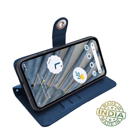 Image of Pikkme Google Pixel 7A Flip Cover Leather Finish | Inside TPU with Card Pockets | Wallet Stand and Shock Proof | Complete Protection Button Flip Case (Blue)
