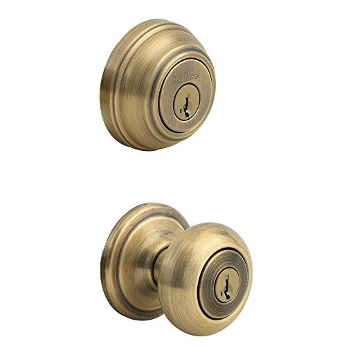 Kwikset Juno Keyed Entry Door Knob and Single Cylinder Deadbolt Combo Pack with Microban Antimicrobial Protection featuring SmartKey Security in Antique Brass, 99910-033 - image 1