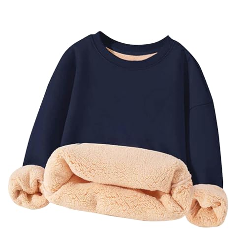 Slxbear Boys Girls Winter Warm Sweatshirts Kids Long Sleeve Crewneck Fleece Lined Casual Tops Solid Color Pullover Soft Loose Basic Shirts Oversized