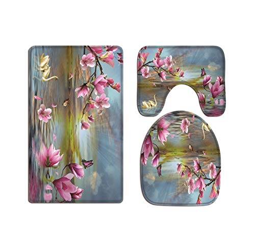 A.Monamour Badezimmer Badematte 3 Teilig Set Magnolienblume Schmetterling Schwan Reflexion In See...