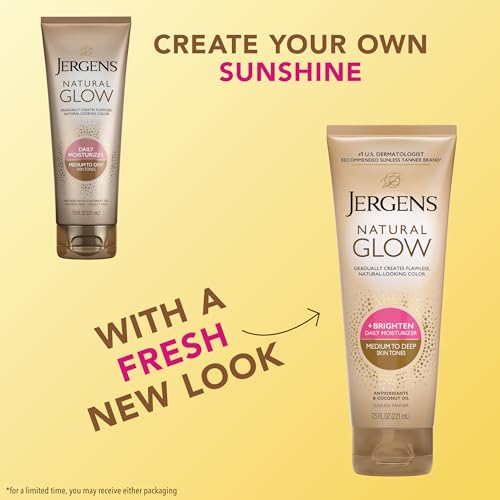 Jergens Natural Glow Self Tanner Body Lotion, Sunless Tanning, Medium to Deep Skin Tone, Daily Moisturizer with Coconut Oil, Vitamin E and Antioxidants, 7.5 Oz