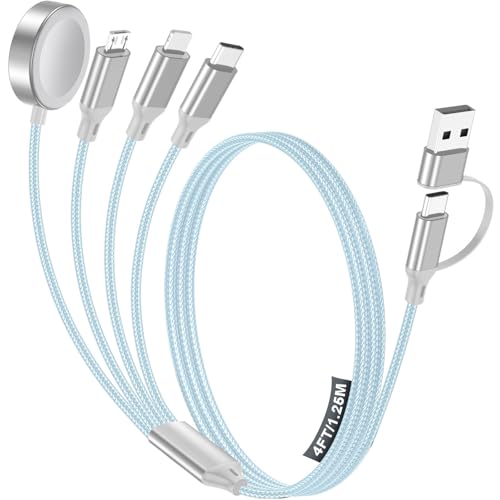 Image of Travel Essentials,Multi Charging Cable for Apple Watch Charger /iPhone /Samsung Charger,Type C /Lightning /iWatch /Micro Charging Cable for iWatch Ultra /10-2 /iPhone /Galaxy /Airpods[1.8M]-Blue