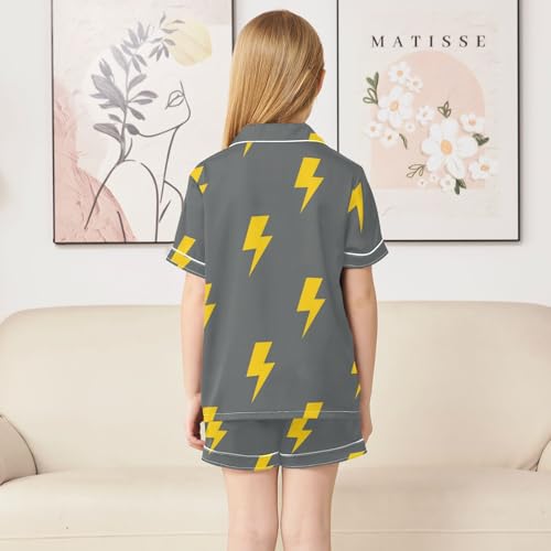 Satin Pajama Sets Short Sleeve Yellow Lightning Bolt Pattern Button Down Silky Nightwear 2 Piece PJS 5-14Y4