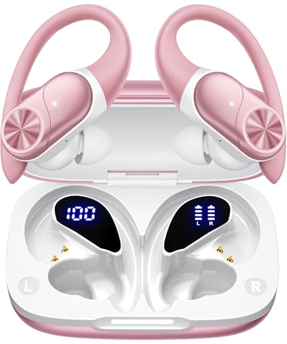PocBuds Bluetooth Headphones Wireless Earbuds 80hrs Playtime Wireless Charging Case Digital Display Sport Ear Buds with Earhook Deep Bass IPX7 Waterproof Over-Ear Earphones for Phone Laptop Rose Gold