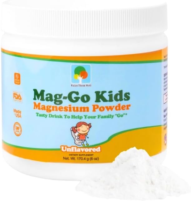 - Raise Them Well Mag-Go Kids Magnesium Powder | Constipation Relief (Unflavored) | 140 Servings per Tub