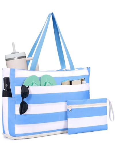 Image of WANDF Beach Bags for Women, Large Waterproof Sandproof Beach Tote Bag with Zipper Family Pool Bags with 40oz Tumbler Pocket, Swim Cruise Vacation Essentials (Blue)