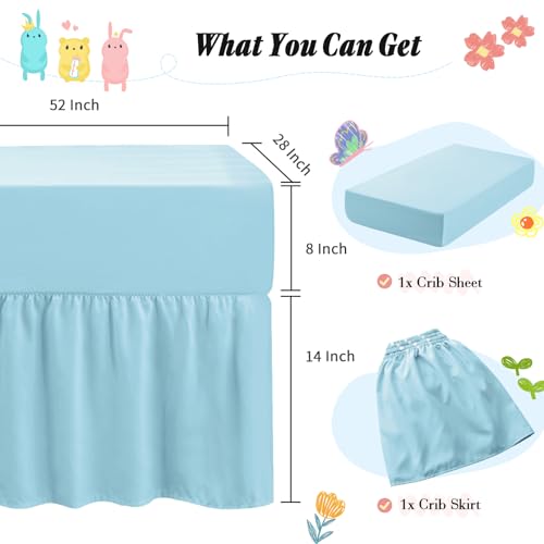 Image of Horbaunal 2 Pack Crib Skirt & Crib Bed Sheet Set, Aqua Blue Crib Bed Skirt 28 inch x 52 inch with 14 inch Drop Dust Ruffle, Soft Microfiber Toddler Bedskirt Nursery Bedding Skirt for Baby Girls and Boys