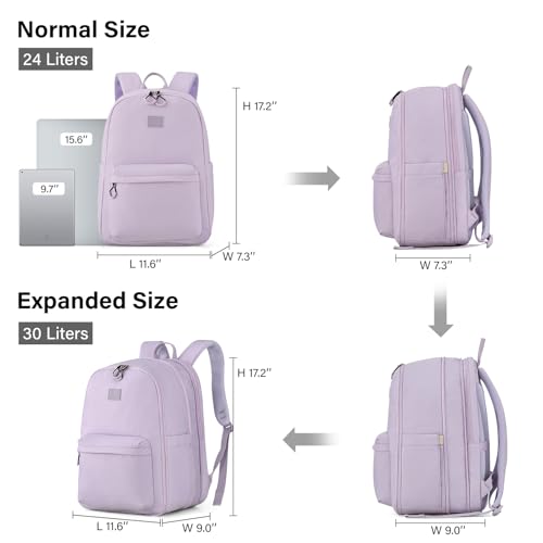 Hanke Expandable Laptop Backpack for Women and Men, 24L-30L Travel Backpack, 15.6 Inch College Laptop Bookbag for Work, Water Resistant Carry On Personal Item Bag, Purple — view 3