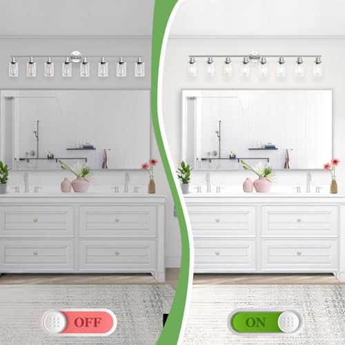 Image of 8-Light Brushed Nickel Vanity Lights, Modern Bathroom Light Fixtures with Clear Glass Shade, Wall Lamps for Mirror Kitchen Hallway Cabinet Living Room Sconces Lights - E26