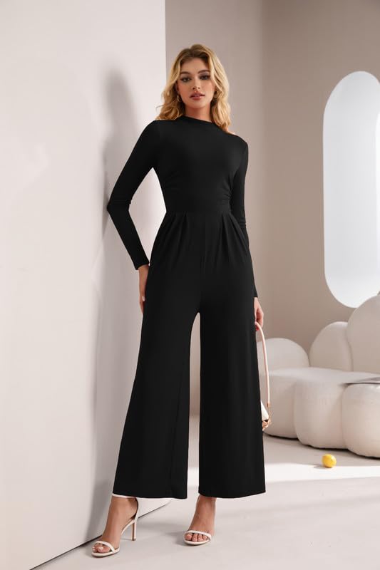 Combinaison Femme Chic et Élégant Manches Longues Col Mock Jumpsuit Slim Fit Taille Haute Pantalon Large avec Poches Casual Combinaisons Fluide Combi Automne pour Cocktail Mariage Soirée